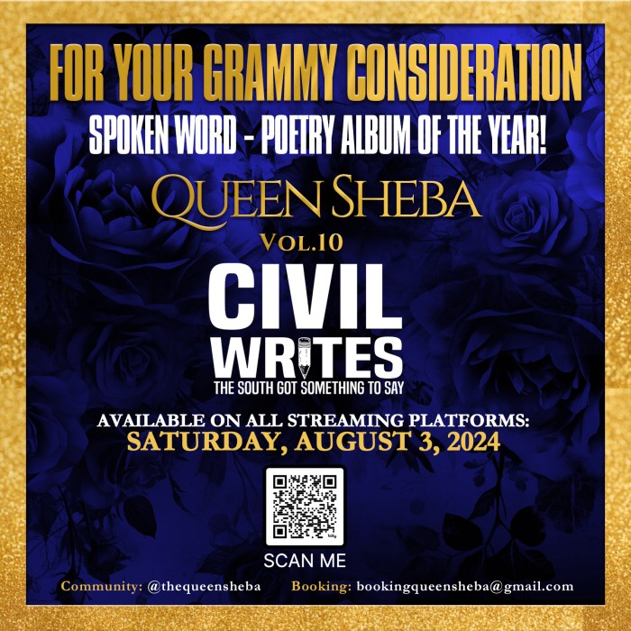 The Poet's List - Poet - Poetry News Spokenword Video - Queen Sheba - Grammy Nominated - Recording Academy - Civil Writes The South Got Something to Say